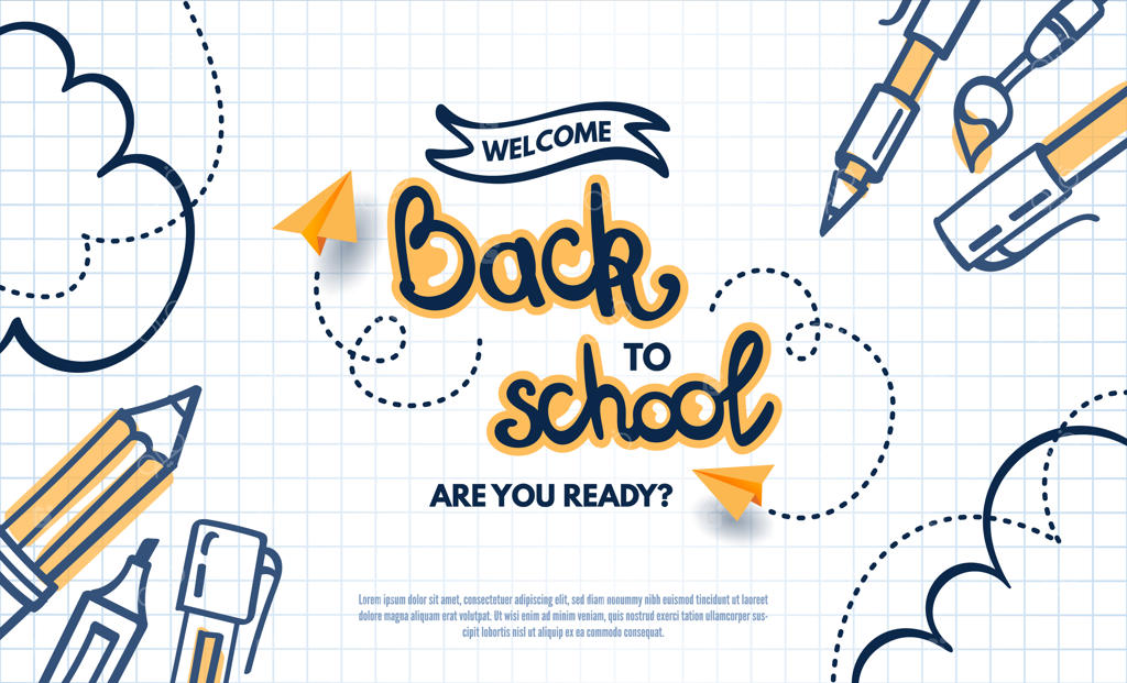 بنر خوش‌آمدگویی به مدرسه با طراحی ابری و لوازم‌التحریر و هواپیمای کاغذی