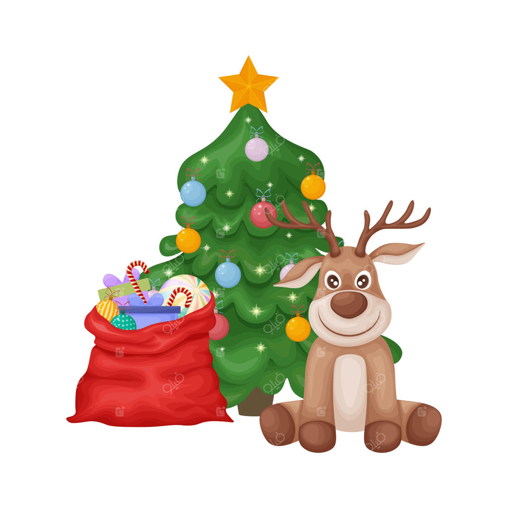 تصویرسازی کریسمس و سال نو با تصویر گوزن بامزه به سبک کارتونی در حال نشستن