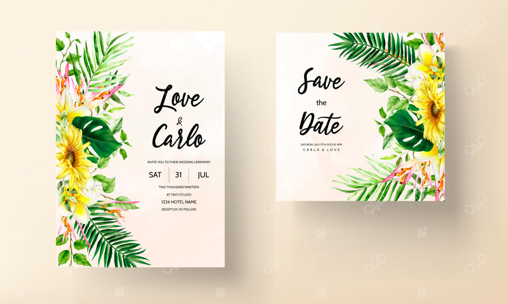 کارت دعوت عروسی با گل‌ها و برگ‌های زیبای استوایی