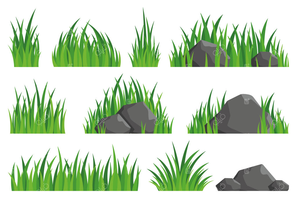 مجموعه عناصر طبیعی چمن سبز و سنگ