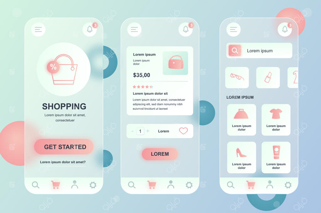 کیت طراحی شیشه‌ای برای خرید موبایل با عناصر نیومورفیک جهت رابط کاربری و تجربه کاربری اپلیکیشن موبایل