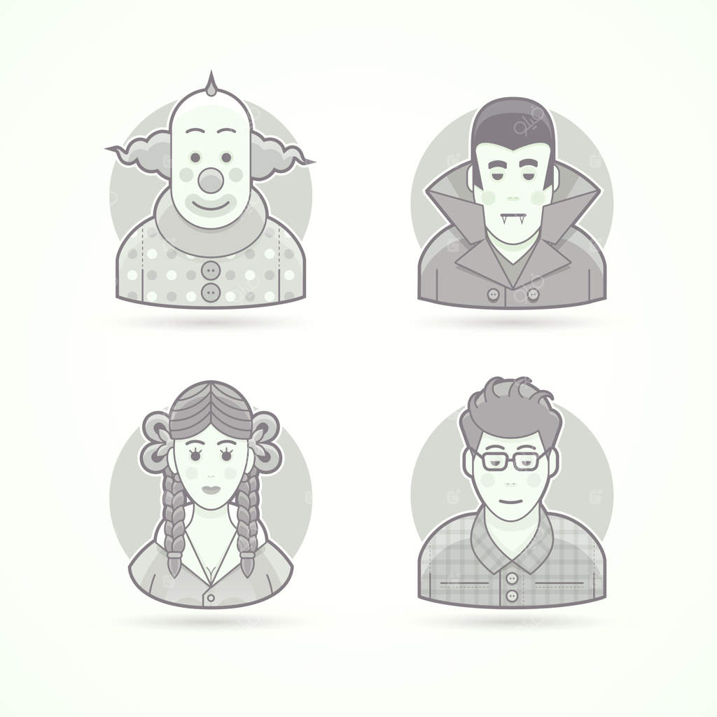 دلقک سیرک، لباس خون‌آشام، ظاهر دانش‌آموزی، شخصیت خوره. مجموعه‌ای از شخصیت‌ها و آواتارها و طرح‌های افراد. سبک خطی سیاه و سفید.