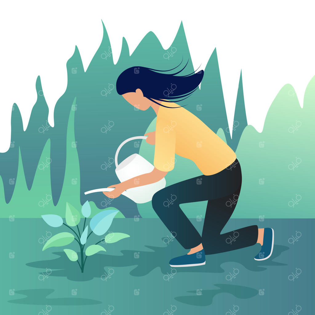 دختری در حال آبیاری گیاهان در باغ. مفهوم باغبانی و گیاه‌شناسی. طراحی کارتونی وکتور