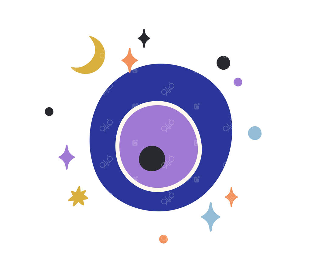 ترکیب چشم خداوند ترکیه‌ای از آسمان‌ها. چشم جادویی و اسطوره‌ای شیطانی در آسمان که ناظر و مشاهده‌گر است. نماد مقدس و اسرارآمیز روحانی. طرح ساده و برداری به صورت جداگانه روی پس‌زمینه سفید.