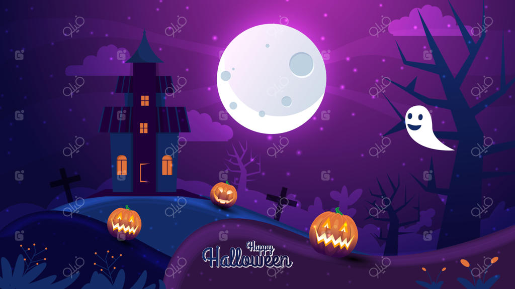 پس‌زمینه‌ی هالووین با تصویرسازی مسطح و رنگارنگ