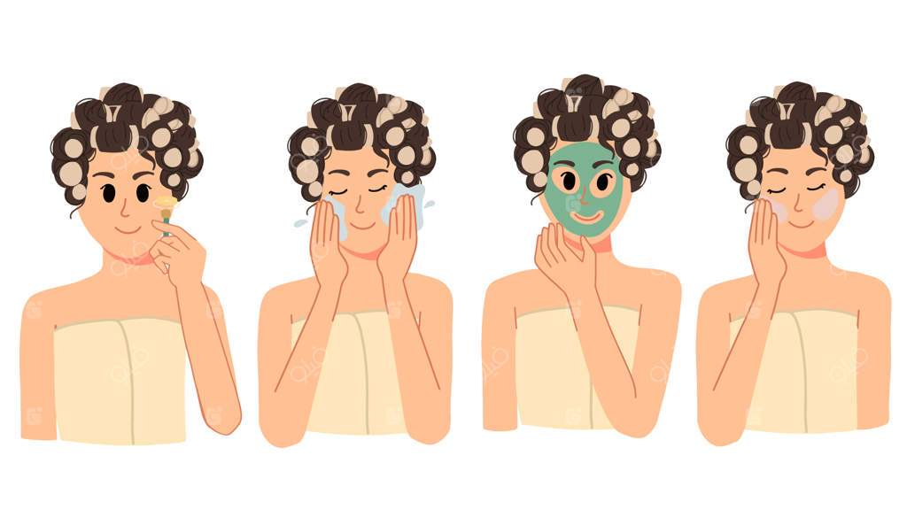 تصویر دختری با موهای فر به همراه ماسک و گواشا در روتین مراقبت پوستی