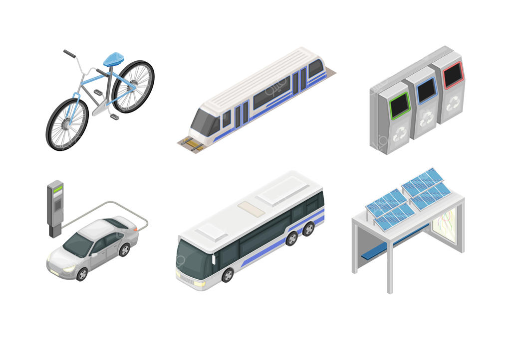 شهر هوشمند با قطار سریع‌السیر، اتوبوس، پانل خورشیدی، ماشین برقی، دوچرخه و سطل بازیافت به صورت ایزومتریک
