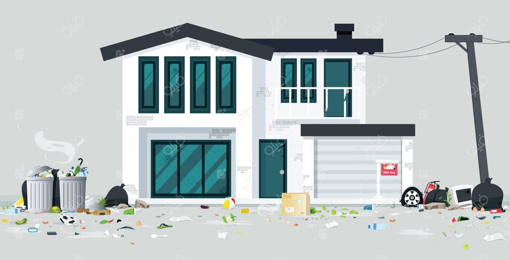 خانه‌ی قدیمی با انبوهی زباله و پس‌زمینه‌ای خاکستری