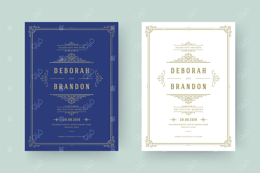 الگوی کارت دعوت عروسی: تاریخ را ذخیره کنید - طراحی با آرایه‌های شیک و زیبا و تزئینات کلاسیک.