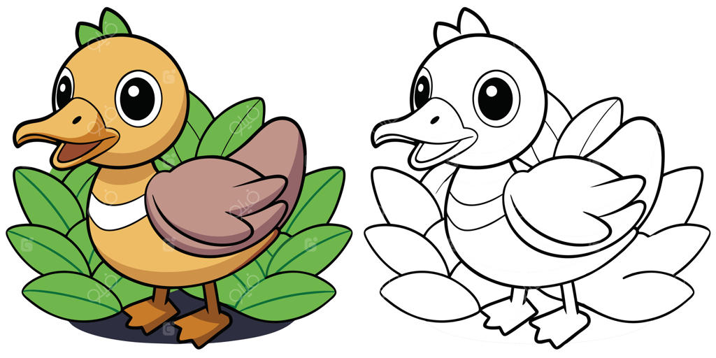صفحه رنگ‌آمیزی جوجه اردک بامزه برای کودکان. طرح کارتونی جوجه در باغچه . نقاشی حیوانات کارتونی