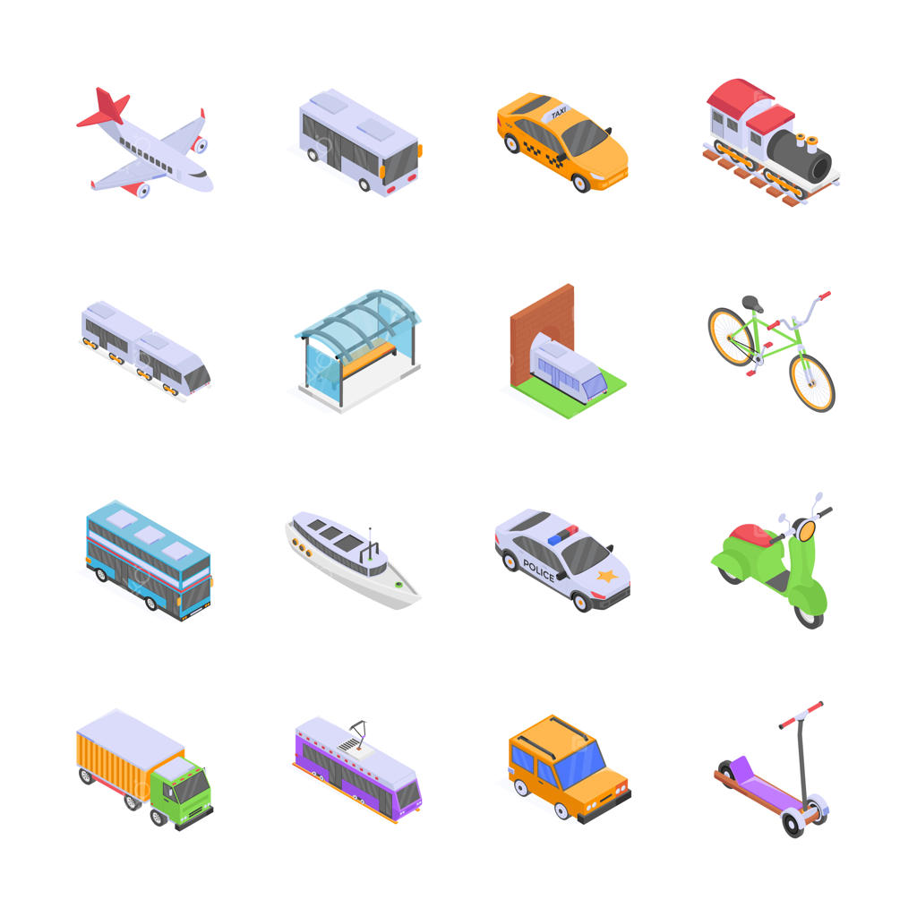 مجموعه وسایل حمل و نقل مختلف با سبک ایزومتریک رنگارنگ و جذاب