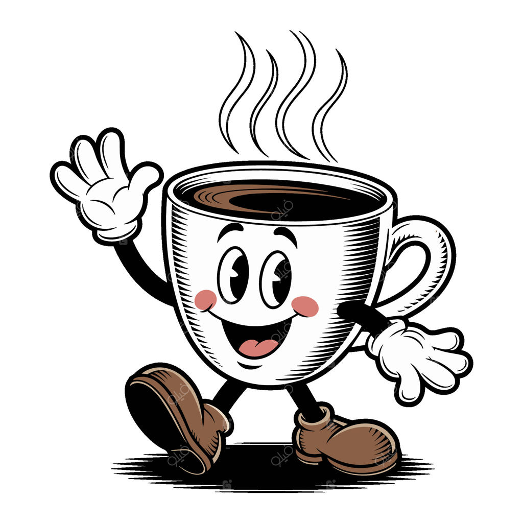 شخصیت کارتونی نوستالژیک فنجان قهوه با لبخند گرم و دستکشی به سبک طراحی شاداب