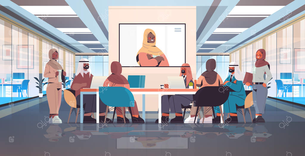 گروه متخصصان پزشکی عرب در حال ویدئو کنفرانس با دکتر زن مسلمان سیاه‌پوست - مفهوم مراقبت‌های بهداشتی و پزشکی، اتاق جلسه بیمارستان، تصویر به صورت کامل