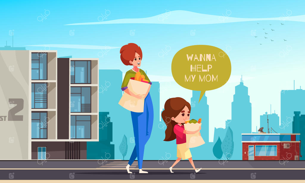 کارتون کودکان مودب: تصویر کودک در حال کمک به خرید ها (وکتور)