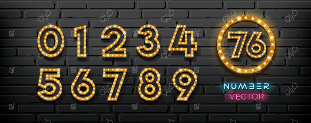 مجموعه‌ای از اعداد لامپ نورانی وکتور روی دیوار سیاه پس‌زمینه - تصویرسازی