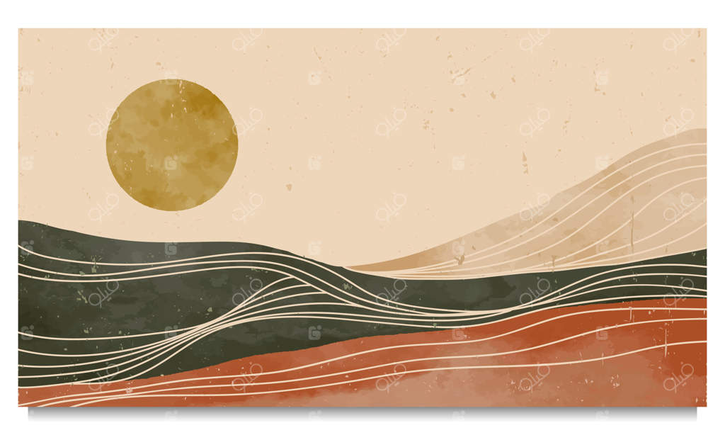 نقاشی آبرنگ منظره کوهستانی هنر مدرن سده میانی: تصویر انتزاعی طبیعت با کوه‌ها، تپه‌ها، جنگل و غروب آفتاب