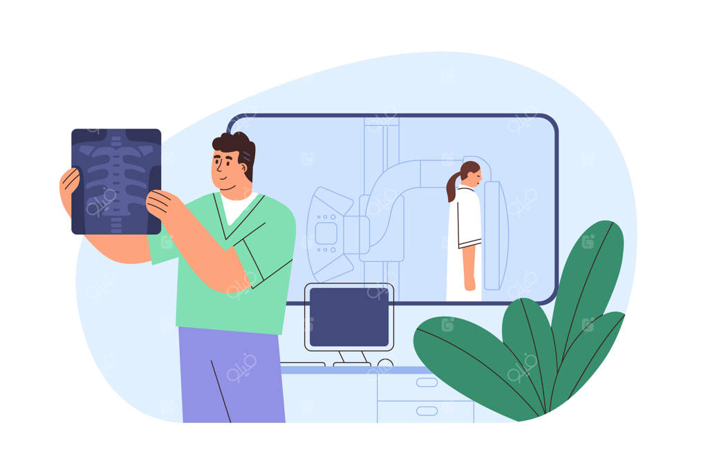 عکسبرداری دکتر از قفسه سینه و ستون فقرات بیمار با دستگاه اشعه ایکس در بیمارستان