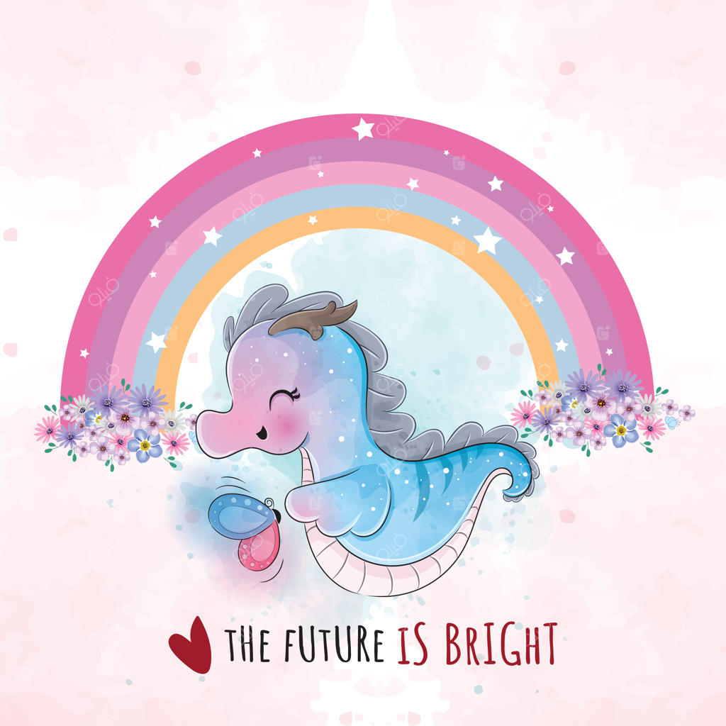 اسب دریایی بامزه با رنگین کمان و تصویر زمینه جذاب