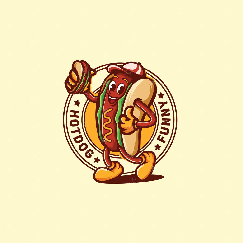 طراحی لوگوی شاد برای هات‌داگ کارتونی، سبک قدیمی، تصویرسازی شخصیت غذایی خنده‌دار