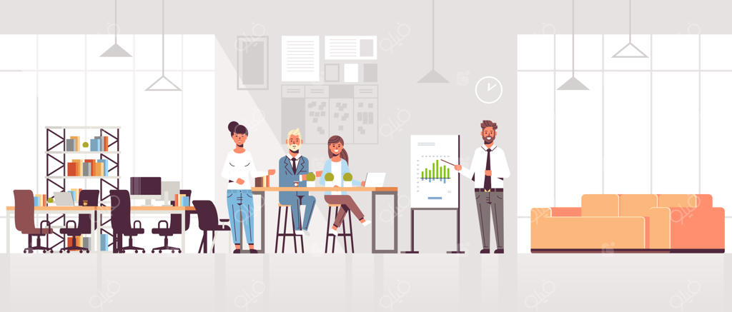 تاجر در حال ارائه نمودار مالی به تیم تجاری در جلسه کنفرانس و آموزش در دفتر کار مدرن و فضای کاری مشترک