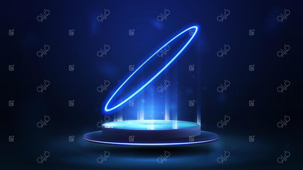 سکو آبی شناور در هوا با حلقه نئون آبی در اطراف آن