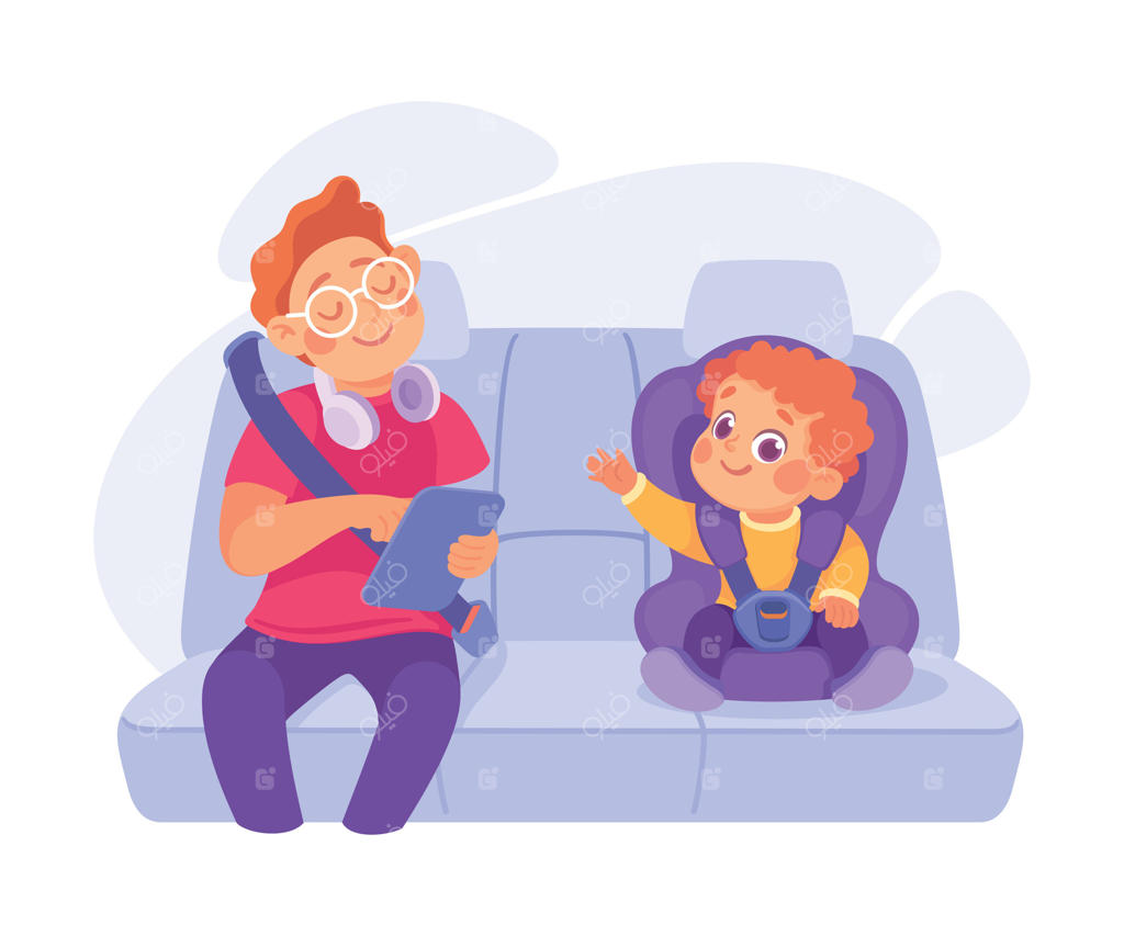 مرد و کودکی نشسته در صندلی ماشین با هدفون