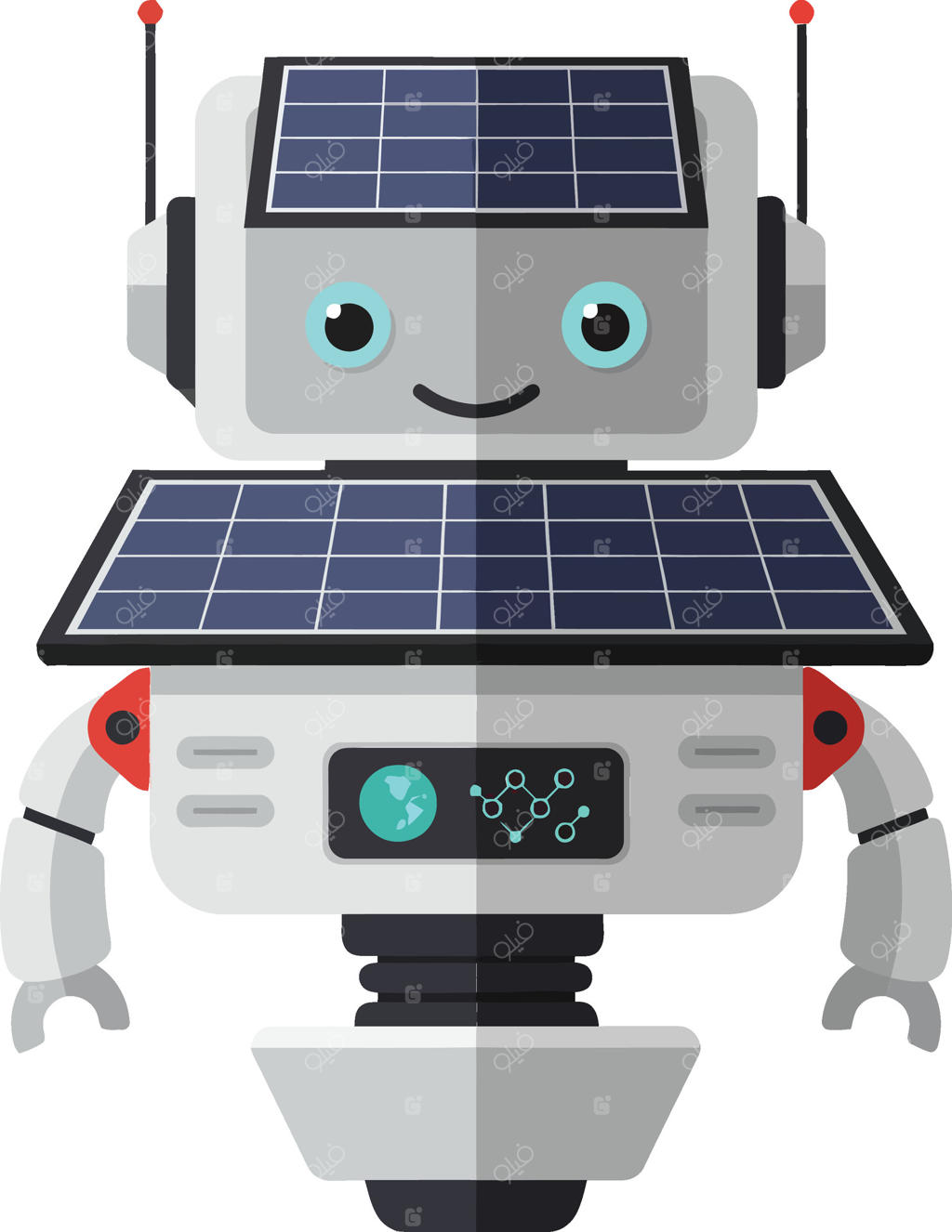 شخصیت ربات دوستانه با پنل‌های خورشیدی و چشمان بامزه در طراحی ساده و تخت
