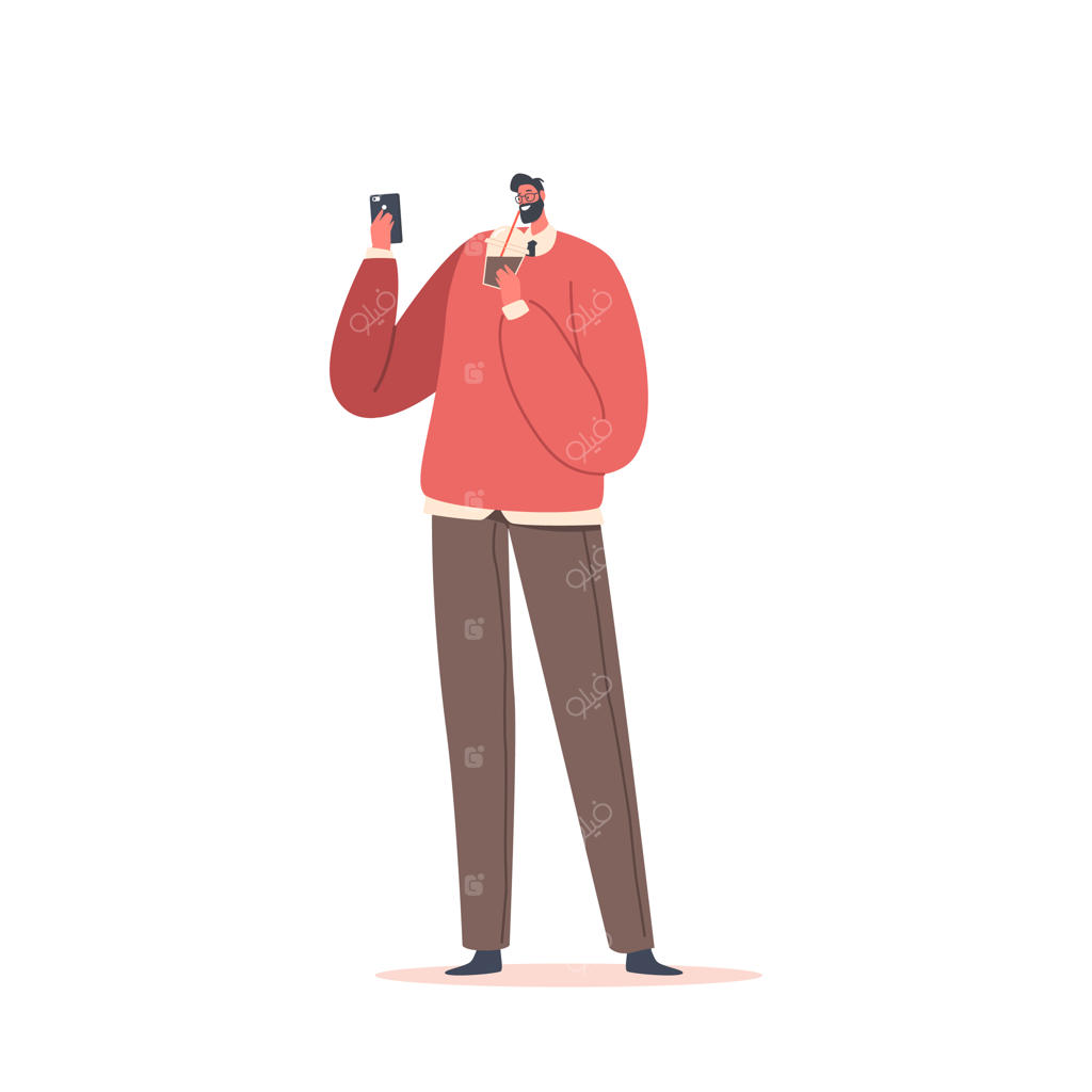 تاجر در حال نوشیدن قهوه و خواندن پیام روی گوشی هوشمند: مردی با لیوان و تلفن همراه