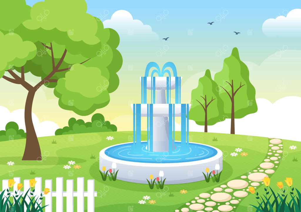 تصویر پس‌زمینه کارتونی باغ زیبا با منظره طبیعت: گیاهان، گل‌ها، درخت و چمن سبز در سبک طراحی ساده