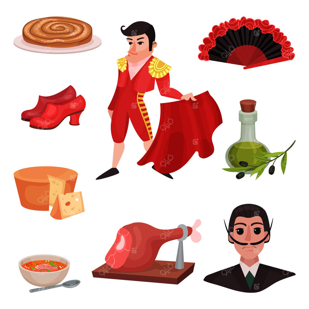 اشیاء سنتی اسپانیایی و افراد مشهور. تصویر بر روی پس‌زمینه سفید.