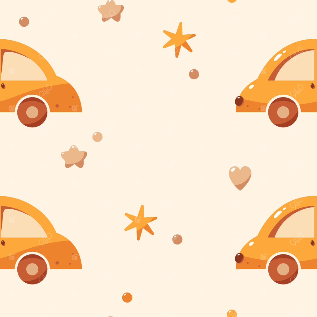 الگوی نوزاد بوهویی بدون درز با ماشین‌های اسباب‌بازی، قلب‌ها، دایره‌ها و ستاره‌ها.