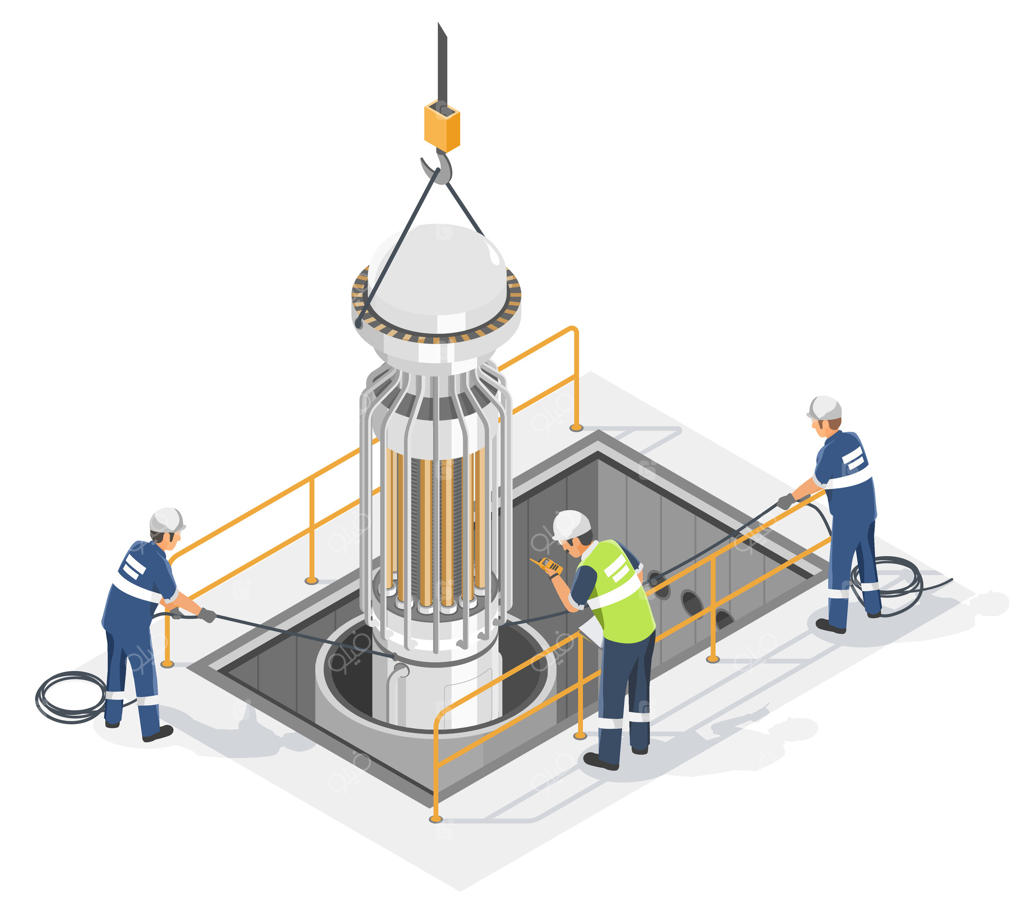 نصب رآکتور هسته‌ای کوچک توسط مهندسان برای تولید انرژی پاک صنعتی همراه با اقدامات ایمنی به تصویر ایزومتریک کارتونی