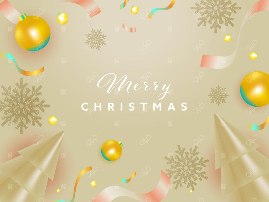 طرح جشن کریسمس مبارک با درخت‌های براق سه بعدی، گوی‌های تزئینی، دانه‌های برف و روبان‌های رنگی در پس‌زمینه تزئین شده است.