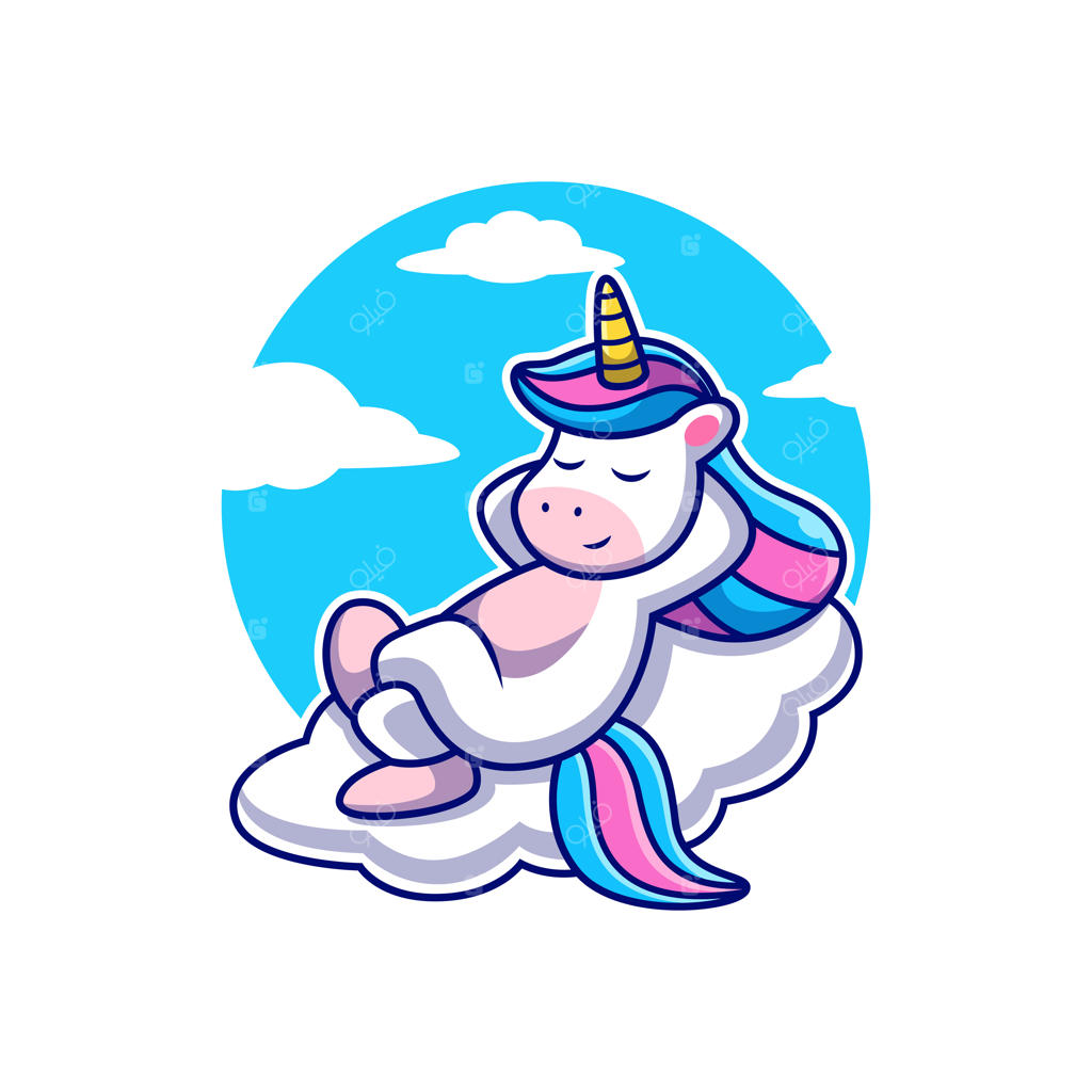 تک‌شاخ بامزه در حال استراحت بر روی ابر با پس‌زمینه آسمان