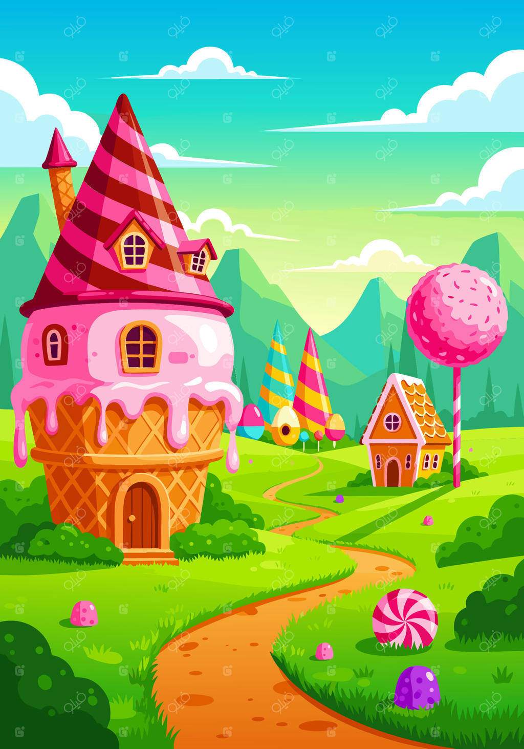 منظره فانتزی و خیال‌انگیز از دنیایی شیرین و رنگارنگ با خانه‌های بستنی قیفی و کلبه‌های زنجبیلی زیر آسمانی درخشان و رویایی