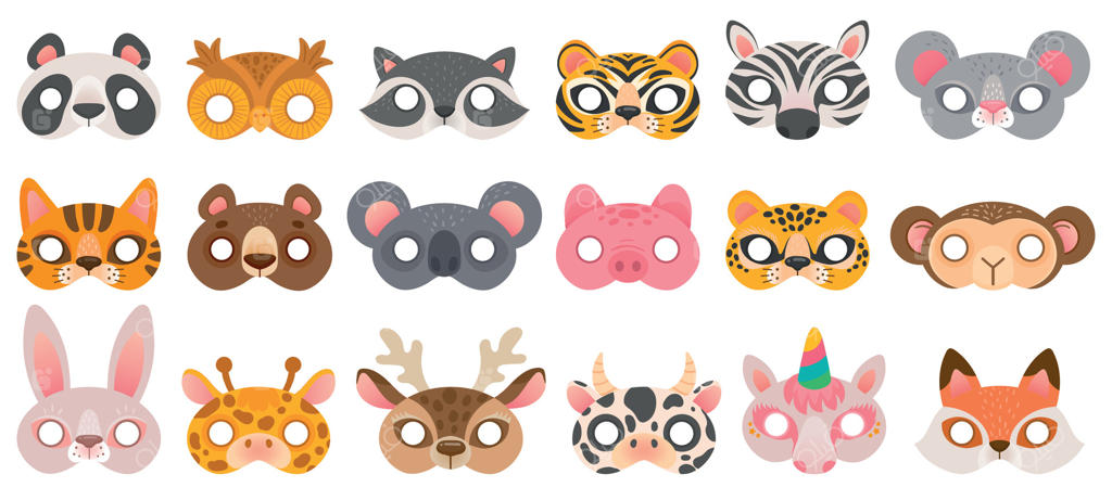 ماسک حیوانات: وسایل عکس‌برداری، ماسک‌های خرس پاندا و گورخر، ببر و خوک، کوآلا و گاو، تک‌شاخ و میمون، ماسک‌های کارناوال باغ‌وحش جغد، مجموعه وکتوری
