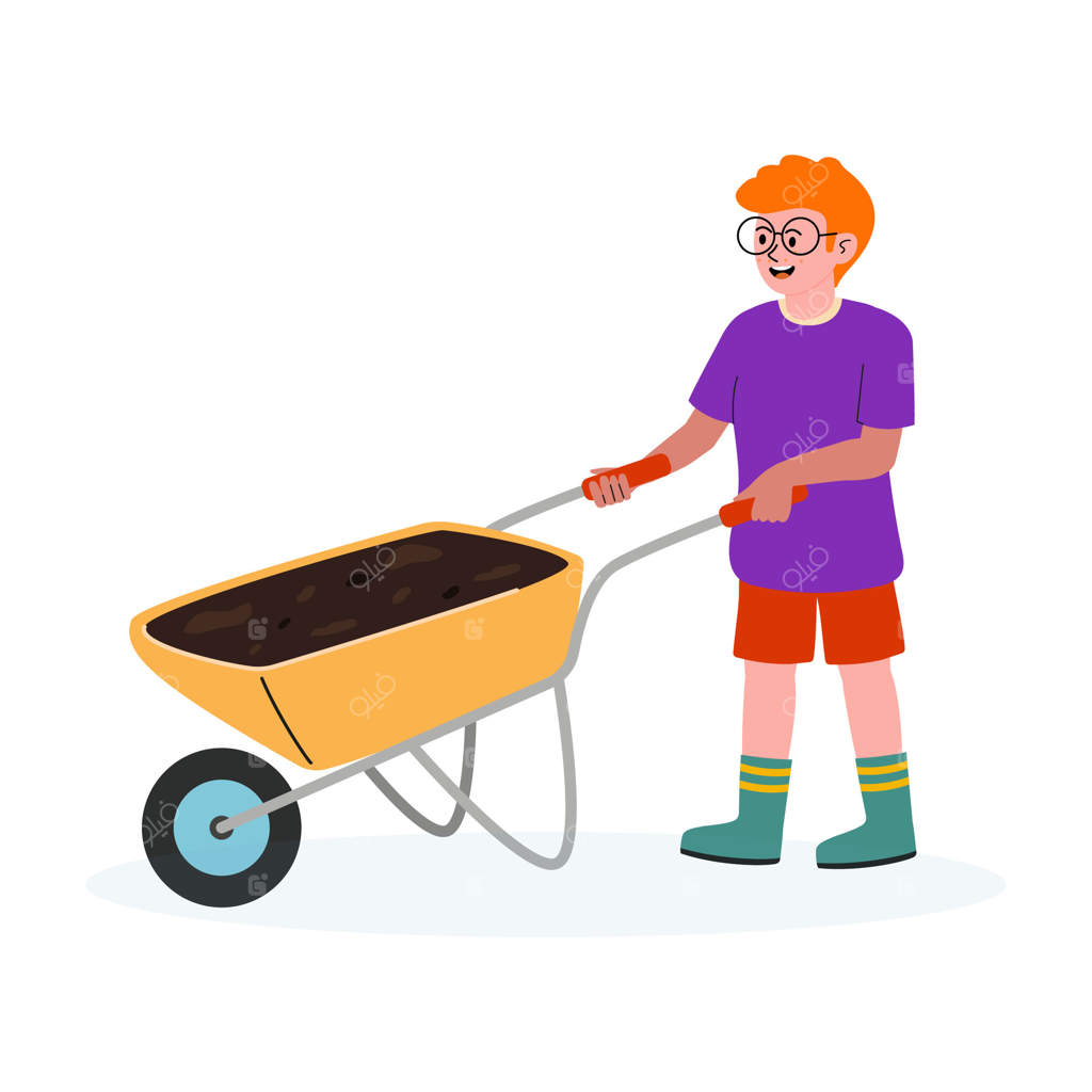 پسر بچه‌ای با استفاده از فرغون خاک را در باغ جابجا می‌کند در روشنای روز