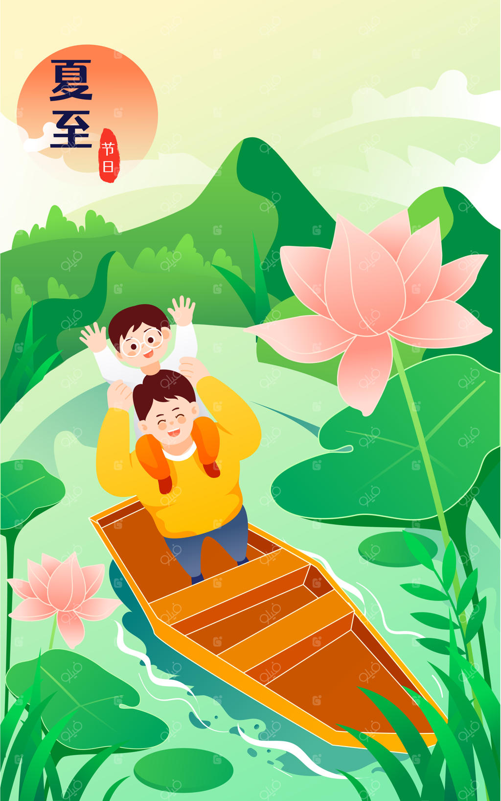 تصویر وکتور از افراد در فضای باز تابستانی با گل‌های نیلوفر و آب رودخانه در پس‌زمینه