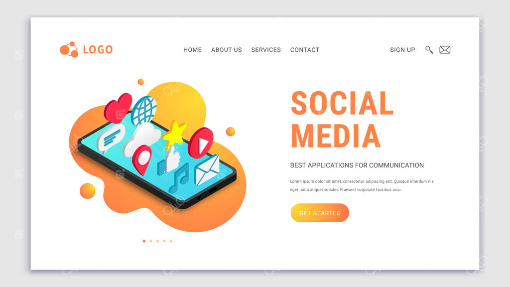 طراحی صفحه فرود رسانه‌های اجتماعی با سبک ایزومتریک و دکمه و متن. آیکون‌های تخت اپلیکیشن‌ها روی صفحه نمایش گوشی هوشمند. مفهوم سایت سه‌بعدی با نمادهای چت، ویدئو، ایمیل، تلفن، لایک، و موسیقی.