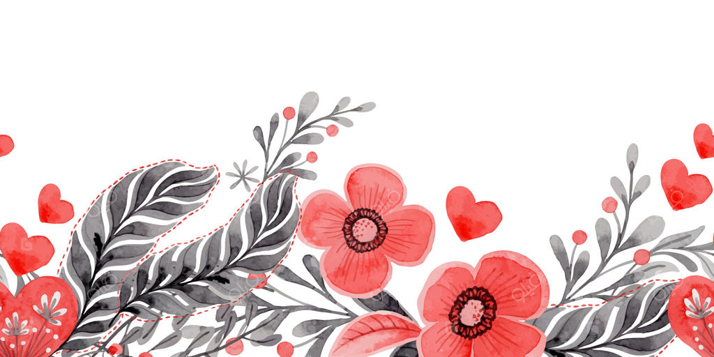 حاشیه‌ی یکپارچه پایین با گل و قلب به سبک محلی. تصویرسازی استیلیزه به رنگ قرمز و خاکستری برای دعوت‌نامه‌های عروسی. ترکیب دست‌کشیده برای طراحی عاشقانه و رمانتیک.