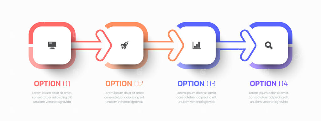 اینفوگرافیک خط زمان کسب‌وکار با برچسب مربع، فلش‌ها، آیکون و چهار گزینه برای ارائه