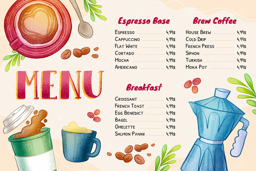 قالب منوی دست‌نویس برای کافه