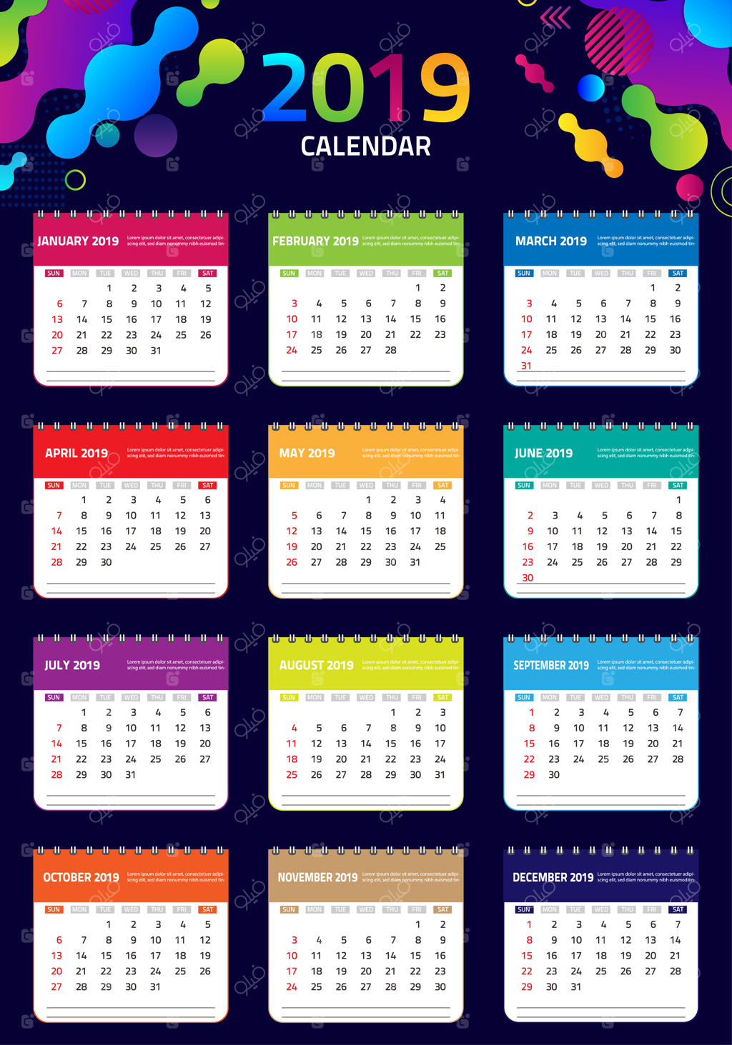 قالب طراحی تقویم ۲۰۱۹