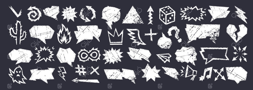 حباب گفتگوی مداد شمعی با باکس متن مداد شمعی و بادکنک‌های طراحی شده با گچ روی تخته سیاه خشن. مجموعه گفتگوی مداد شمعی شامل آیکون‌های خراشیده‌شده، فلش‌ها، علائم، ابرها و فریم‌های گفتگو است.