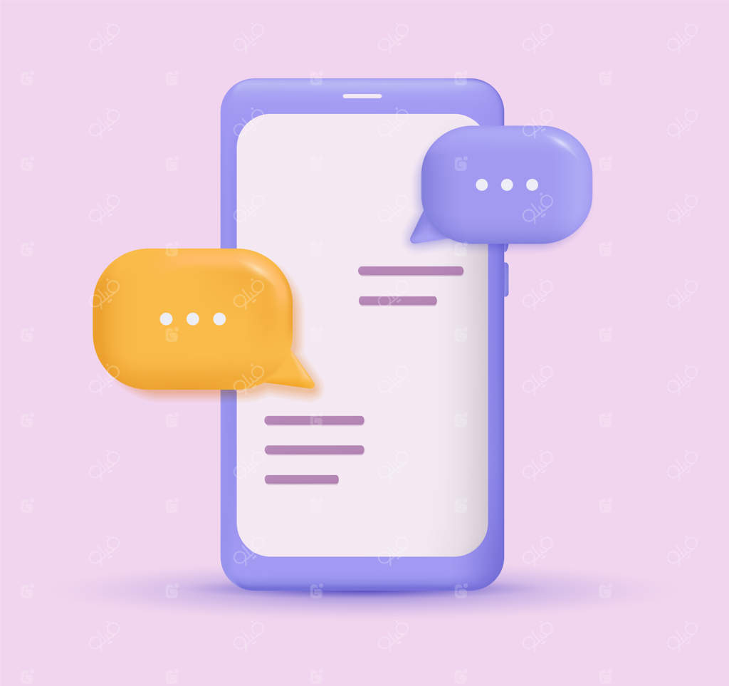 حباب‌های گفتگویی سه‌بعدی روی پس‌زمینه گوشی هوشمند: ارتباط در شبکه‌های اجتماعی