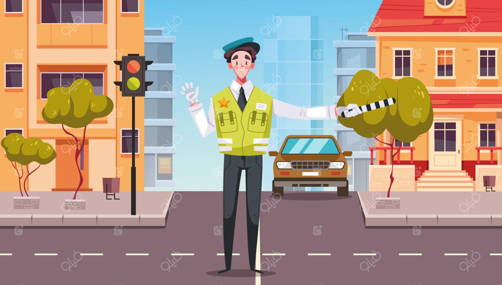 تصویرسازی گرافیکی از پلیس در کنار چراغ راهنمایی رانندگی