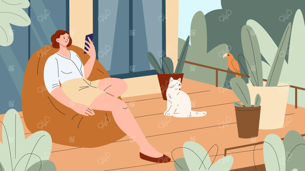 استراحت زن در تراس یا بالکن سبز با گربه و طوطی: کار از راه دور یا تماس ویدیویی دختر با گوشی در تعطیلات، صحنه‌ای از آرامش و استراحت در باغچه خانگی