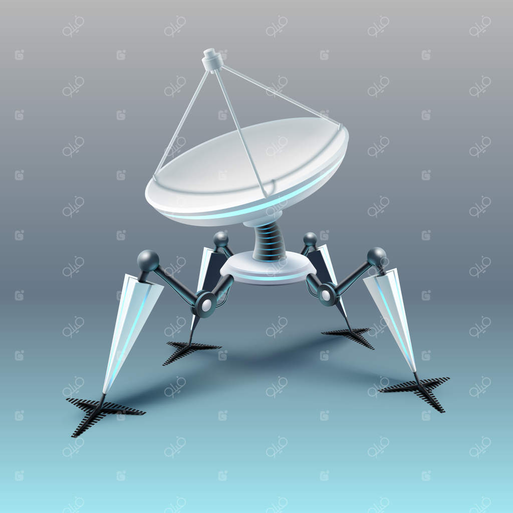 ربات خیالی چهارپا با بشقاب ماهواره‌ای در پس‌زمینه روشن