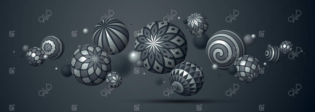 پس‌زمینه وکتور کره‌های فلزی: ترکیب توپ‌های معلق با طرح‌های فلز براق، مجموعه‌ی واقع‌گرایانه‌ای از کره‌های سه‌بعدی با تزئینات هنری و عمق میدان واقع‌گرایانه.