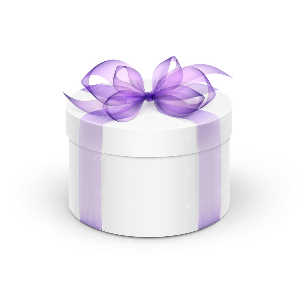 جعبه هدیه گرد سفید با روبان و پاپیون بنفش روشن جدا شده از زمینه